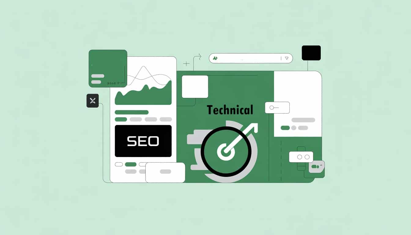 A digital illustration depicting technical SEO concepts for the Irish market, with charts, graphs, a target symbol, and the word Technical in the centre, all in green and white tones on a light green background.