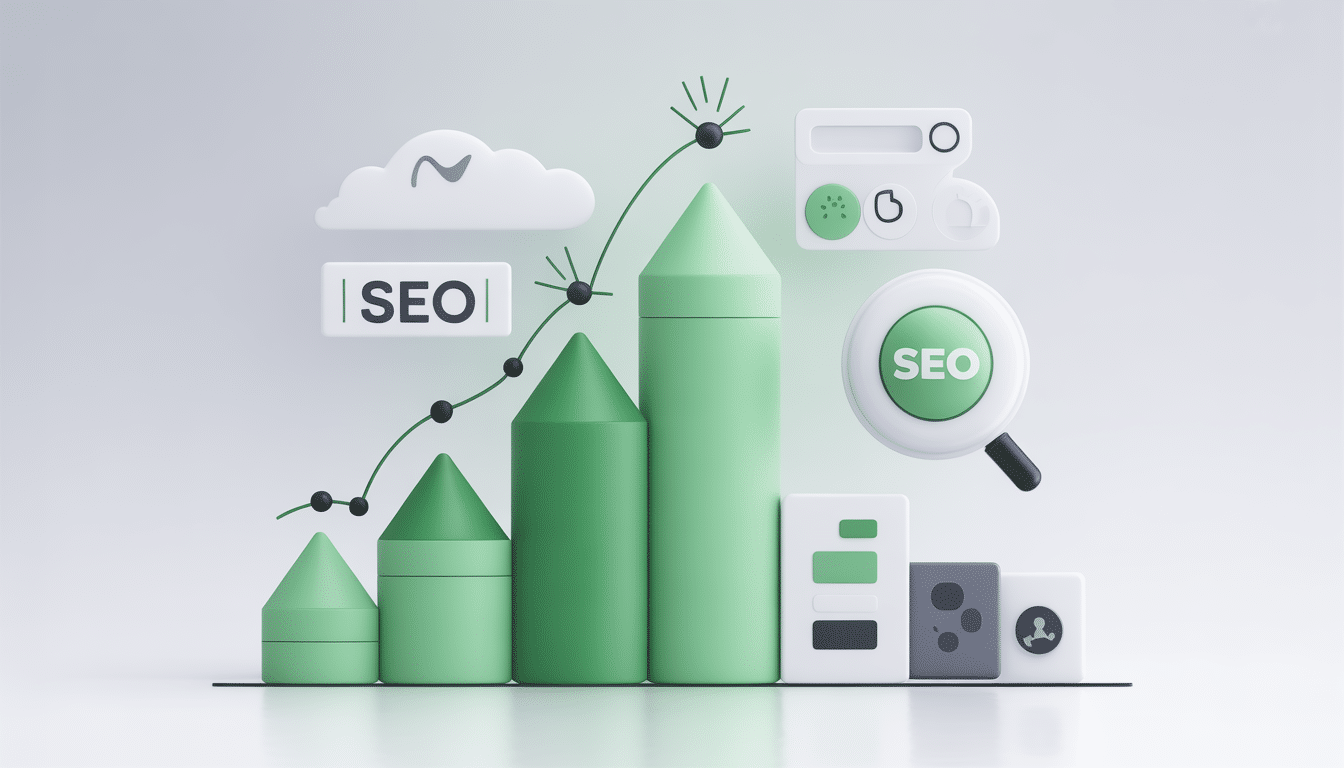 3D illustration of green bar graphs with an upward trend line, surrounded by SEO-related icons like a cloud, magnifying glass, and website elements, symbolising growth and effective results from smart SEO Pricing strategies.