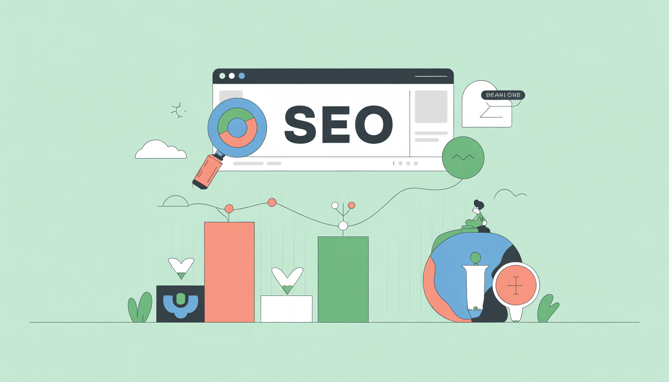 A graphic of a website featuring a graph and a magnifying glass, illustrating SEO Pricing analysis.
