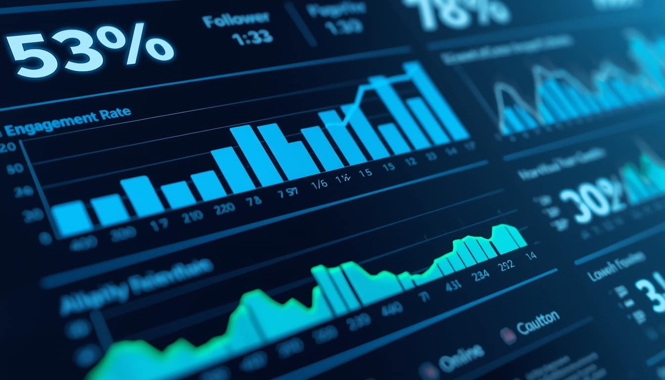 A digital dashboard for a Social Media Ad displaying data visualizations, including bar graphs, line charts, and percentages—such as a 53% engagement rate—in blue and green shades on a dark background.