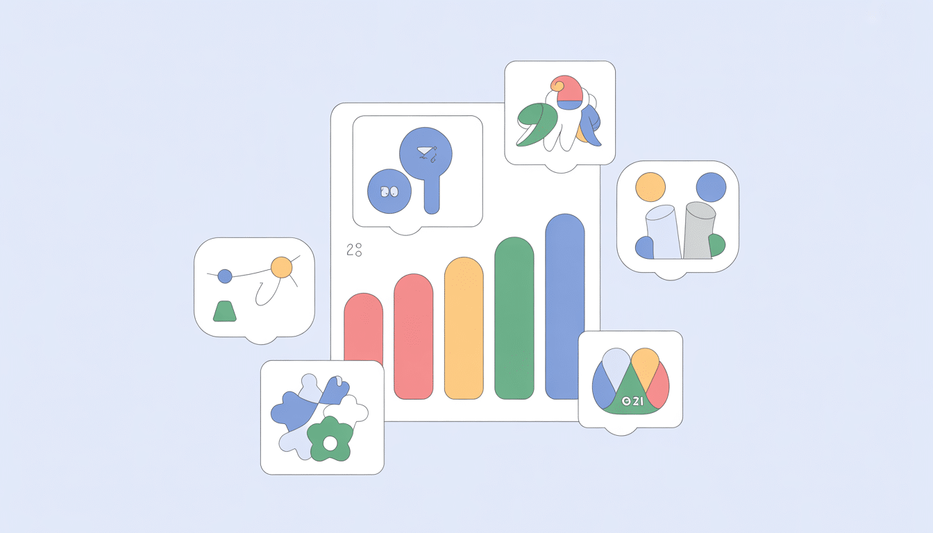 A central bar graph with four colorful bars is surrounded by abstract icons—magnifying glasses, gears, charts, and cylinders—conveying analytics in a soft pastel palette, perfect for a visually engaging social media ad.