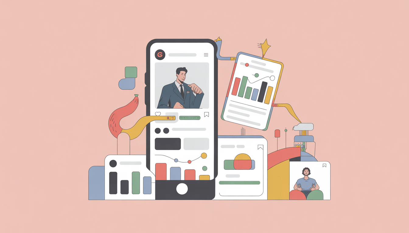 An illustration shows large smartphones displaying charts, graphs, and businesspeople—surrounded by colorful symbols of growth and data visualizations on a soft pink background—capturing the dynamic world of social media marketing.
