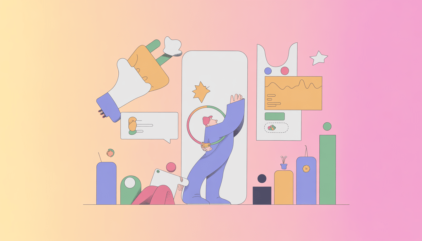 A colorful, abstract illustration shows a person holding a magnifying glass in front of a large smartphone—surrounded by playful shapes, business charts, graphs, and messaging icons—capturing the vibrant world of social media marketing on a pastel gradient background.