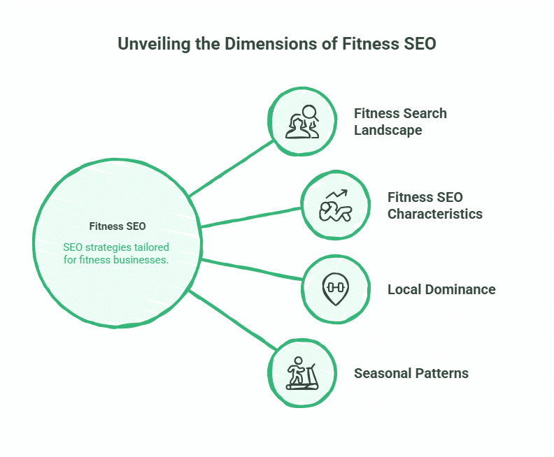 A diagram titled Unveiling the Dimensions of Fitness SEO shows five connected circles: the main one labeled Fitness SEO, linked to four smaller ones—Fitness Search Landscape, gym SEO Characteristics, Local Dominance, and Seasonal Patterns.
