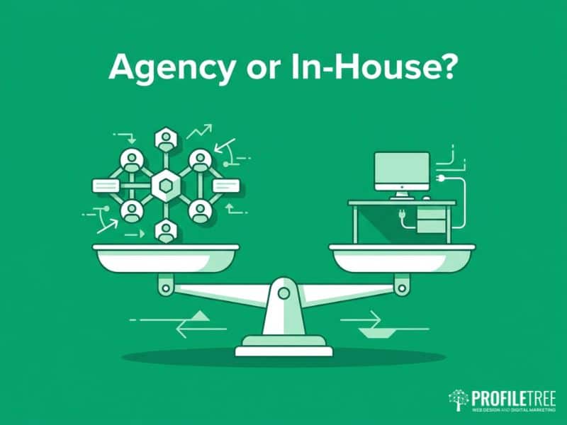 Vector comparison illustrating a Social Media Agency versus an in-house manager, weighed on a balance scale, in white on a ProfileTree green background.
