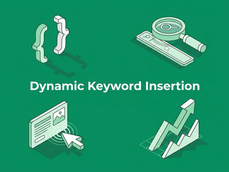 Vector hero illustration for a Dynamic Keyword Insertion guide, with PPC and search icons on a green background.