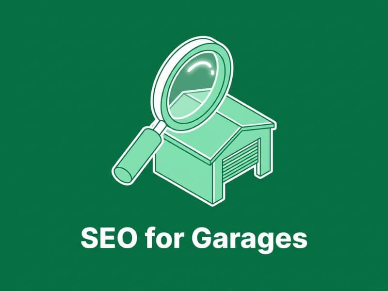 Vector illustration representing SEO for garages, showing a magnifying glass over a garage icon on a dark green background
