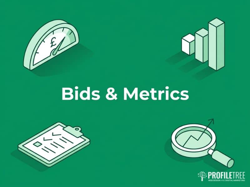 Flat vector icons for bidding and measuring Dynamic Keyword Insertion campaigns, with a gauge and checklist.
