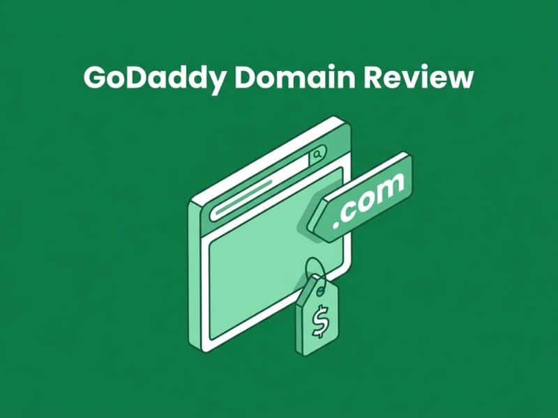 Isometric illustration representing a GoDaddy domain review, showing a browser address bar with a price tag and domain extension icon