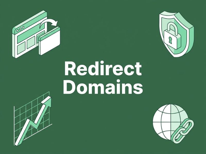 Isometric illustration representing redirect domains with browser, shield, and growth icons