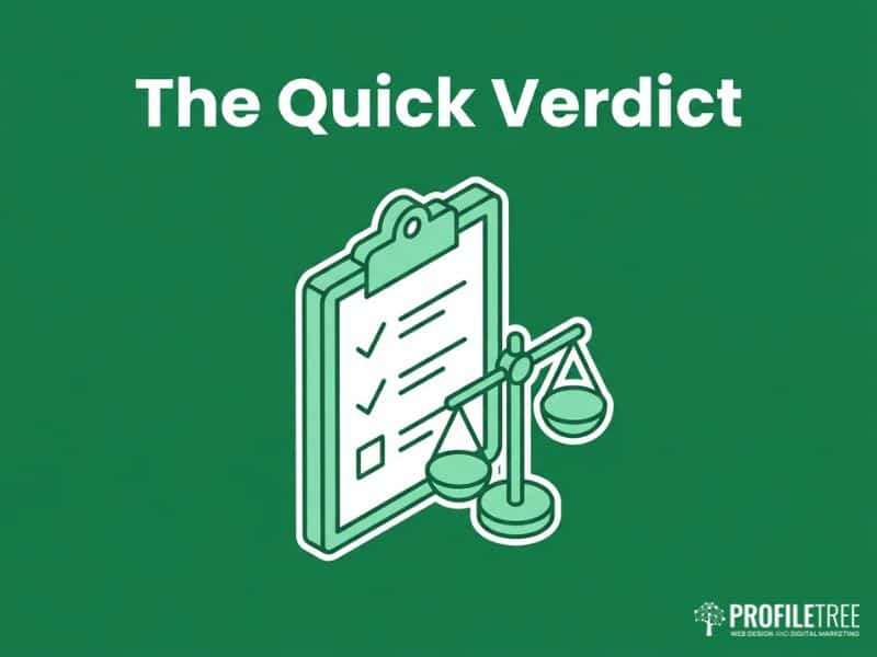 Isometric clipboard and scale icon illustrating the quick verdict section of a GoDaddy domain review