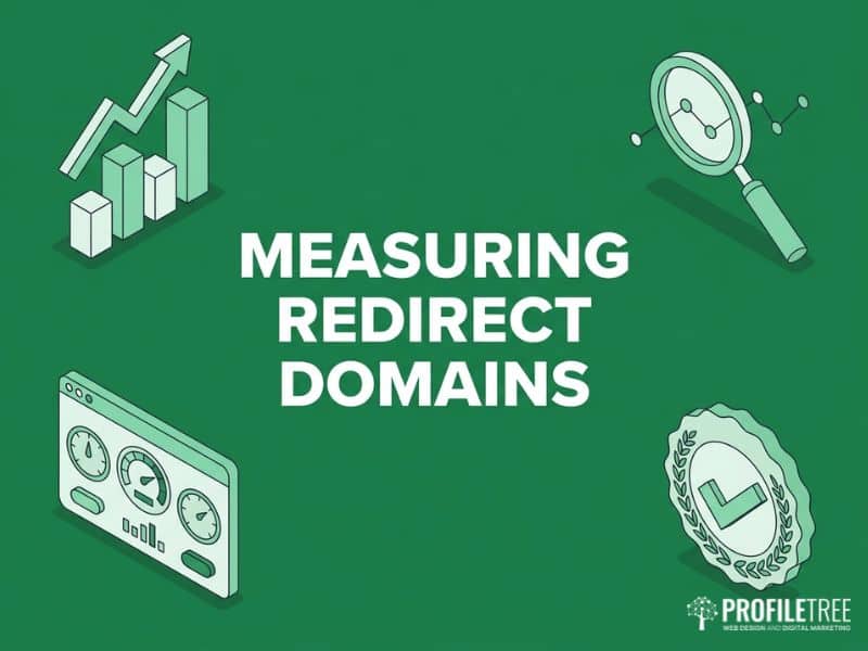 Isometric analytics icons for measuring the success of redirect domains