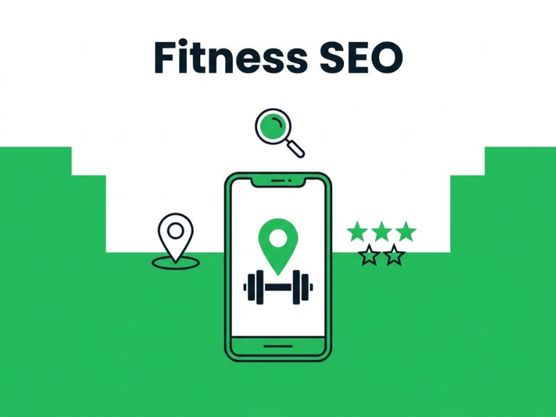 Fitness SEO illustration showing a gym locator app, map pin and search icons in ProfileTree green