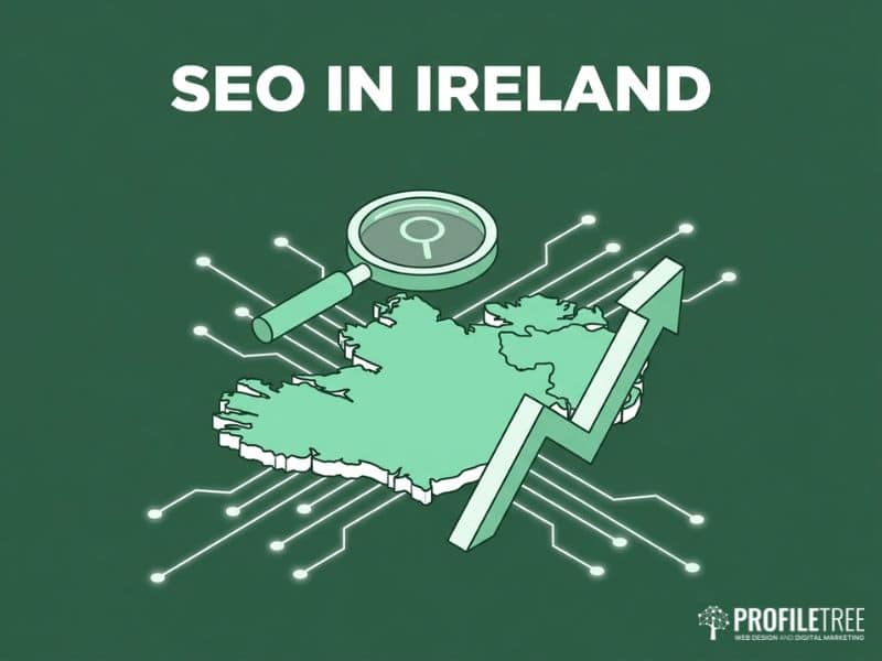 SEO in Ireland services illustration with map and search icons