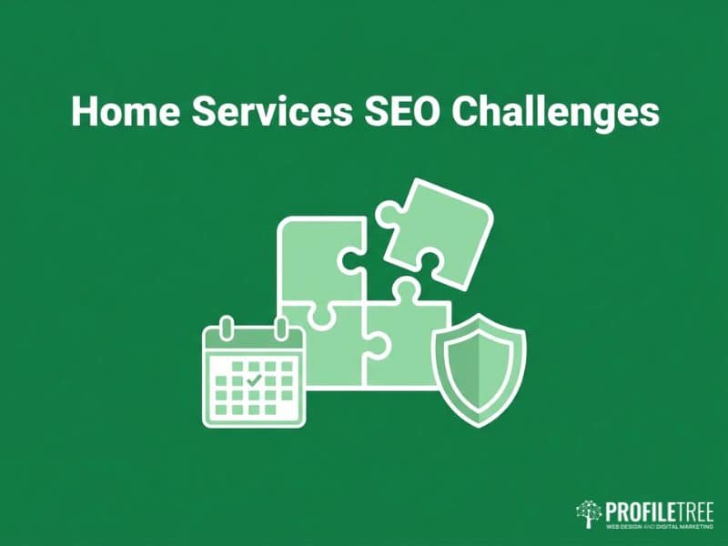 Illustration of common Home Services SEO challenges with a puzzle piece, calendar and shield icon