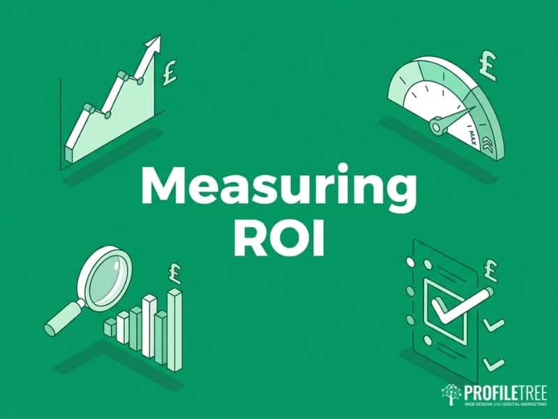 Measuring ROI from LinkedIn for Business with upward chart, magnifier and gauge icons in green vector style
