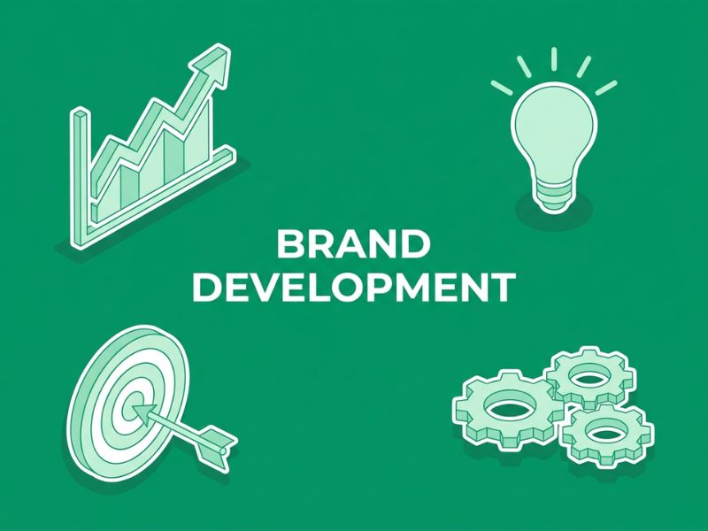 Brand Development hero illustration with isometric growth, ideas and targeting icons in green and white.