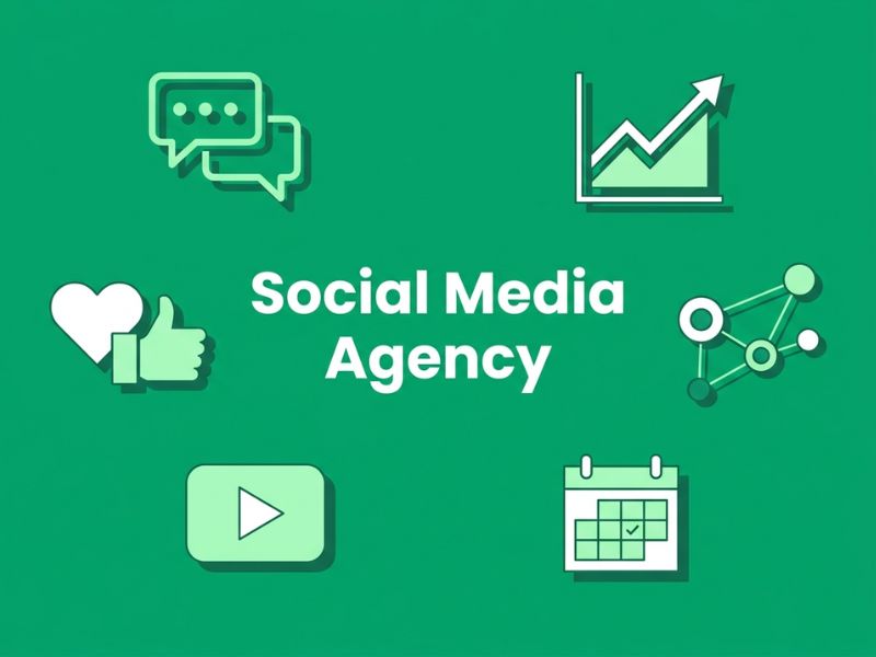 Vector hero graphic for choosing a Social Media Agency, showing social and marketing icons in white on a ProfileTree green background.