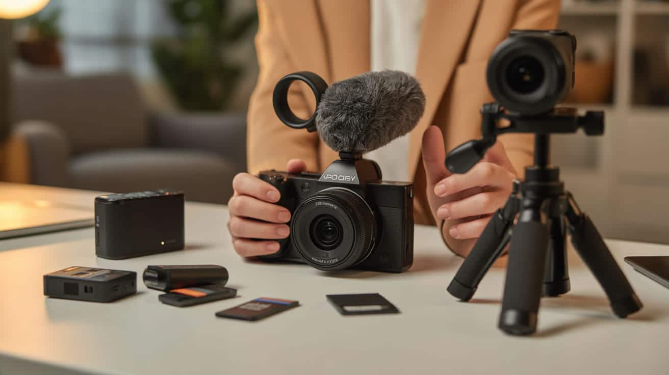 A person in a tan blazer holds a digital camera with a microphone attached, surrounded by vlogging accessories like memory cards and batteries on a table, with another camera on a tripod nearby.