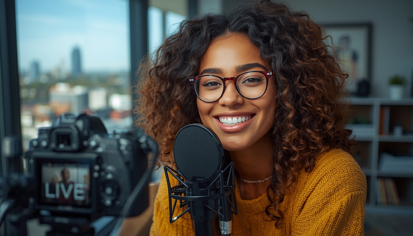 A smiling woman with curly hair and glasses sits in front of a microphone, recording vlogging content. She wears a yellow sweater, while her vlogging accessories kit and camera capture her in a bright, modern room with a city view behind her.