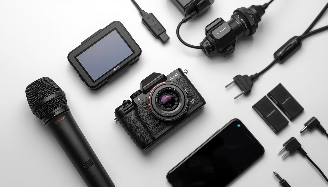 Flat lay of various black electronic devices on a white surface, featuring vlogging accessories like a digital camera, microphone, smartphone, charger plugs, batteries, cables, and a small monitor screen—perfect for building your vlogging accessories kit.