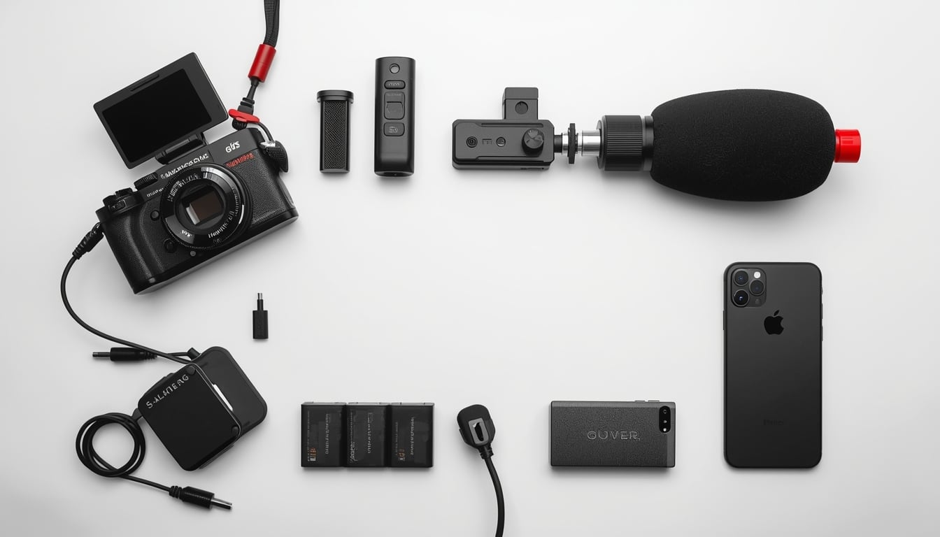 A flat lay of vlogging accessories on a white surface, featuring a digital camera, microphone, smartphone, batteries, charger, remote, lens cap, cables, and adapters—perfect for building your vlogging accessories kit.