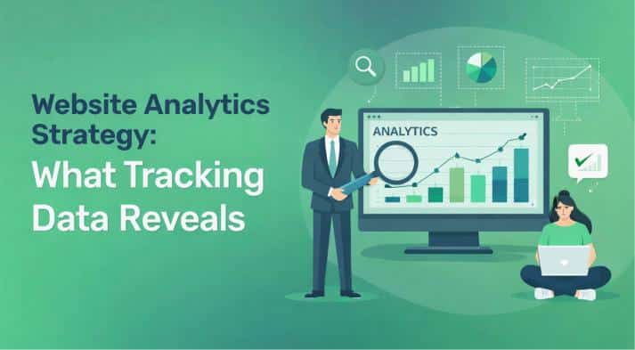 A man points to a large analytics chart on a monitor whilst a woman works on a laptop. Various graphs and icons appear in the background. Text reads: Website Analytics Strategy—What Tracking Tools Reveal in Your Data.