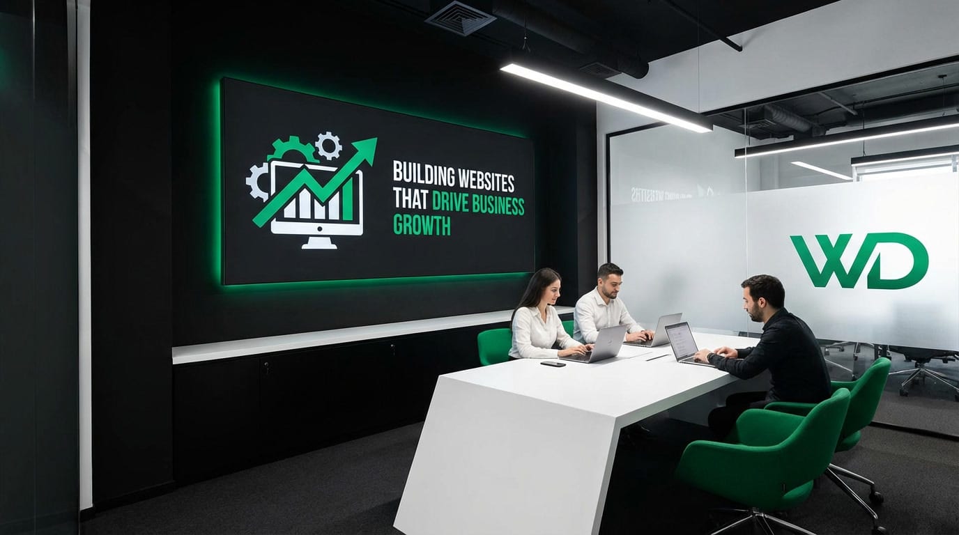 Three people sit at a white table in a modern office. A large screen displays a graph and “Building Websites That Drive Business Growth.” The letters WD, representing the website development agency, appear on a glass wall in the background.