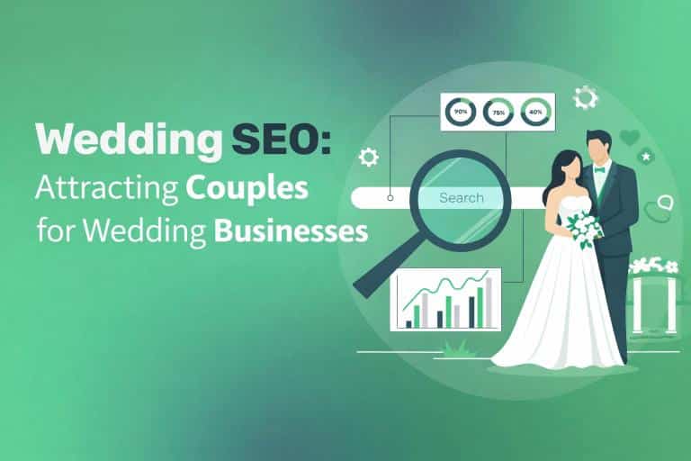 Wedding SEO graphic showing Attracting Couples for Wedding Businesses with a bride and groom, search bar, magnifying glass, charts, and wedding-themed icons on a green gradient background.
