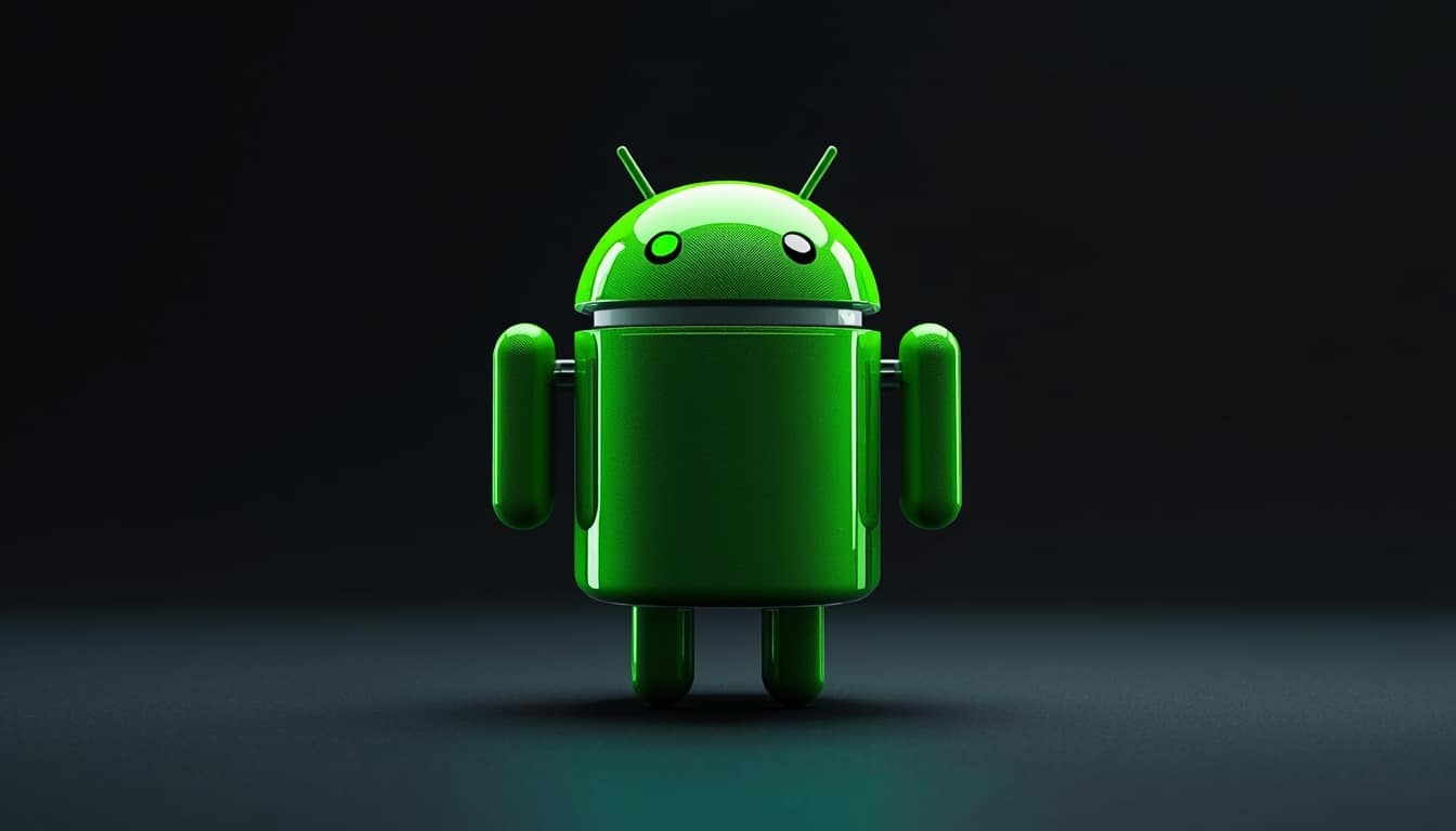 A green robot toy, inspired by the Android operating system, stands out boldly against a black background.