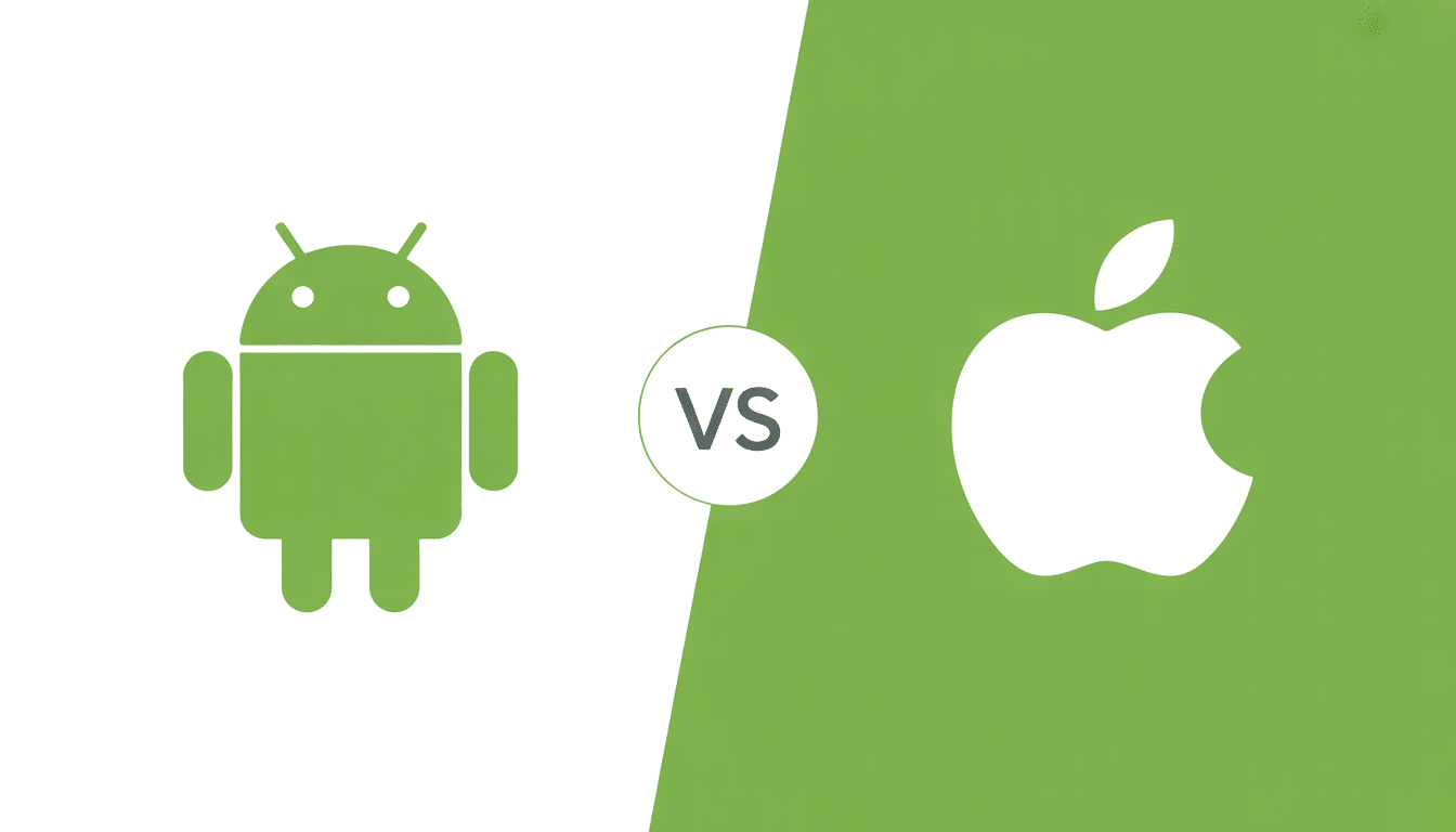 Green Android robot logo on the left, white Apple logo on the right, separated by VS in a circle on a split green and white background, representing an Android operating system versus Apple comparison by ProfileTree.