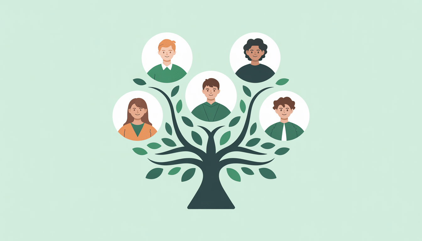 Illustration of a family tree with five branches, each featuring a portrait of a different person, two females and three males, on a light green background—perfect for showcasing your ProfileTree or supporting SEO-optimised content.