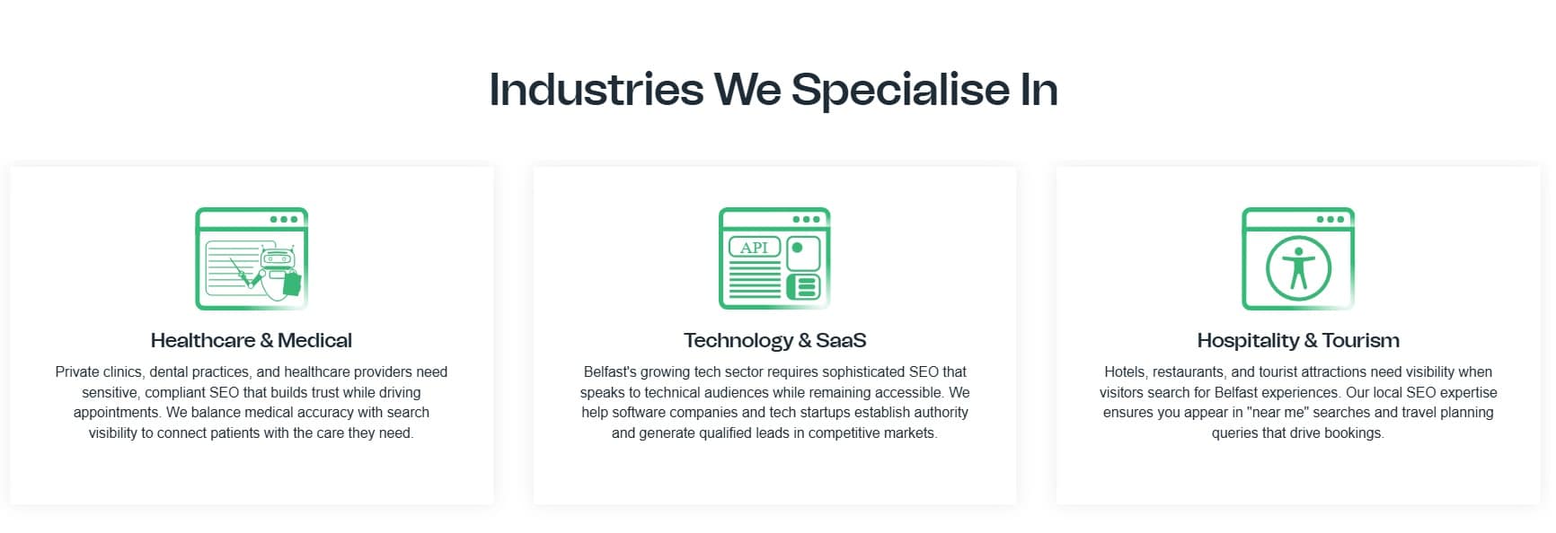 Three white boxes under the heading Industries We Specialise In—Healthcare & Medical, Technology & SaaS, and Hospitality & Tourism—show how Profiletree delivers tailored SEO services for each sector. Discover Why Choose Profiletree for your industry.