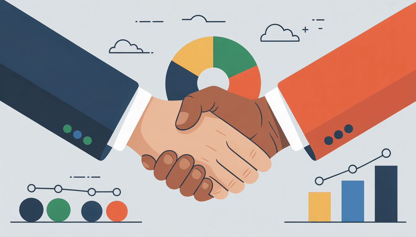 Two people in business suits shake hands. Behind them are charts, graphs, and a pie chart, symbolising a business agreement or collaboration—just like the reliable partnerships built with ProfileTree’s expert SEO services.