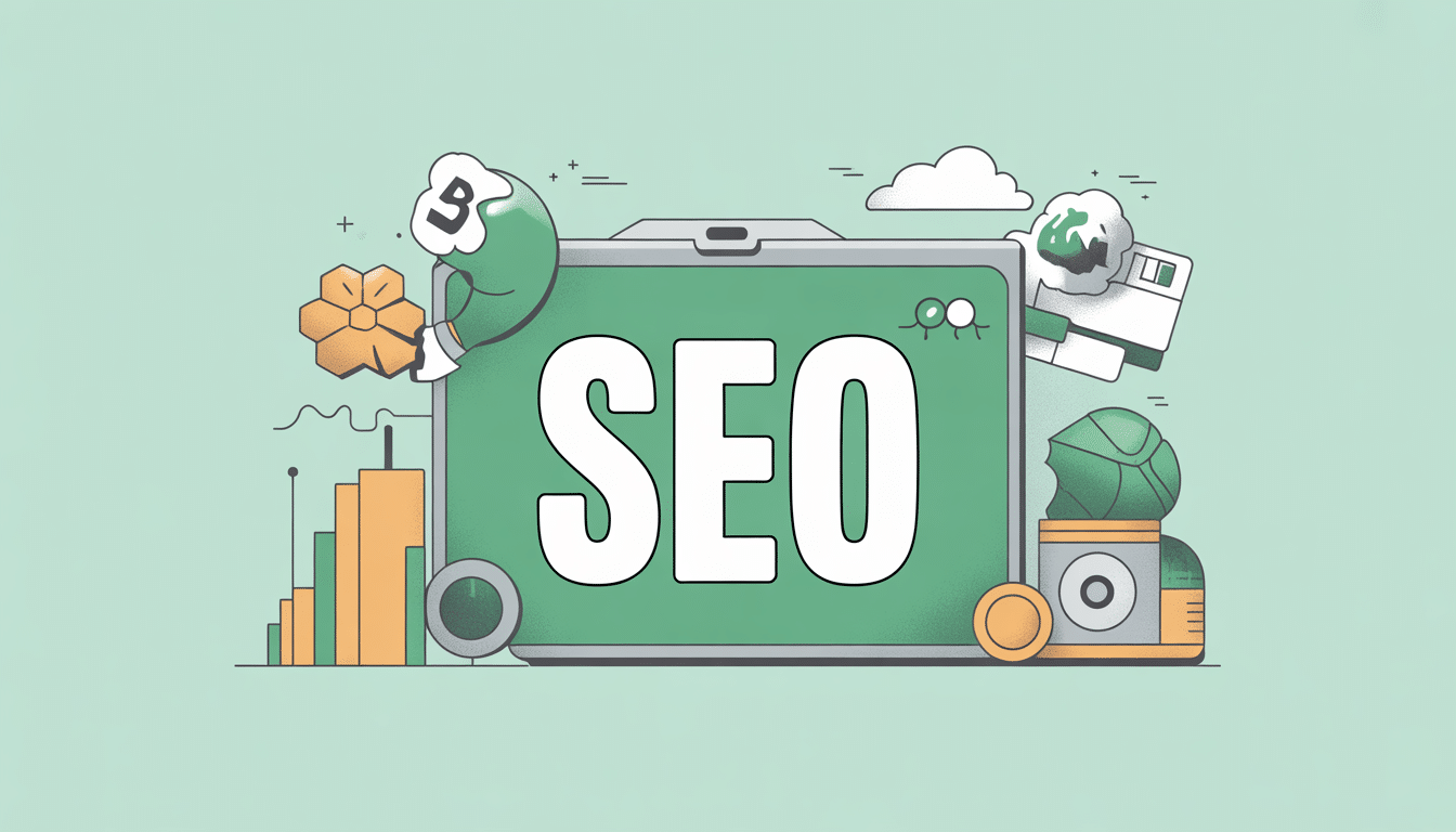 Illustration of a tablet displaying SEO, surrounded by icons for analytics, a magnifying glass, a bar graph, a gear, and a globe—highlighting search engine optimisation concepts and showcasing why choose ProfileTree for expert digital strategies.