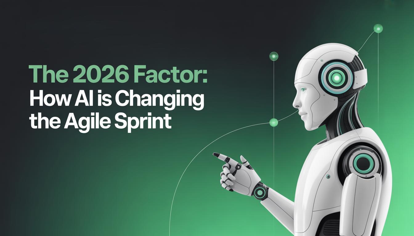 A white humanoid robot points to the left, beside the text “The 2026 Factor: How AI is Changing Agile Marketing”, on a green and black gradient background with digital design elements.