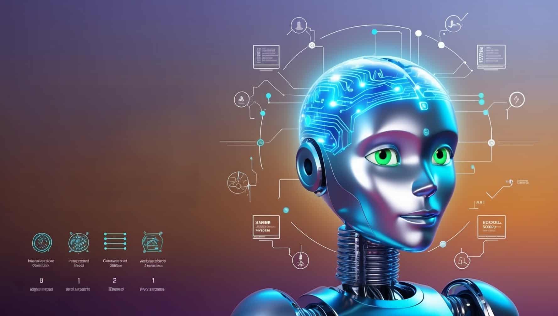 A futuristic robot with a metallic face and glowing green eyes stands before a digital interface. Circuit patterns and data icons hint at programming expertise, showcasing top skills in Python and the best programming languages.