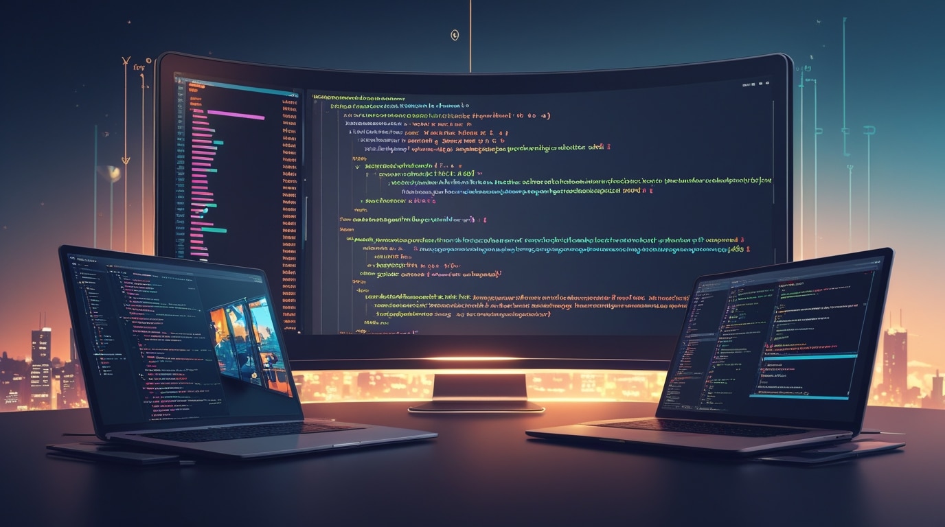 A workspace with two laptops and a large curved monitor displays colourful code editors and Python scripts, set against a blurred cityscape at dusk. The scene has a modern, high-tech atmosphere, perfect for exploring the best programming languages.