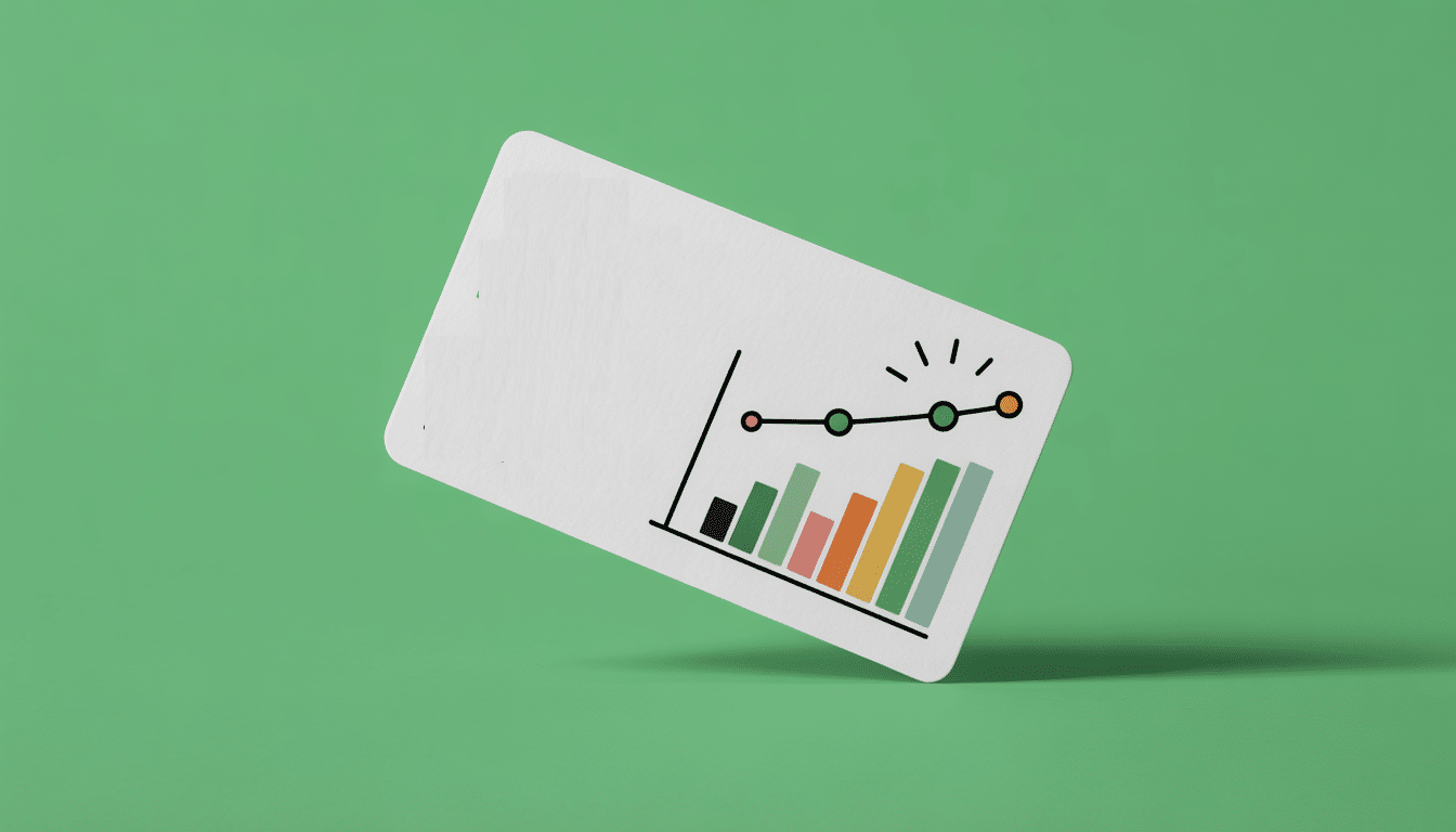 A business card features a colourful bar chart and a line graph against a green background. The chart displays increasing values, with vibrant bars in different colours and a dotted line rising above them.