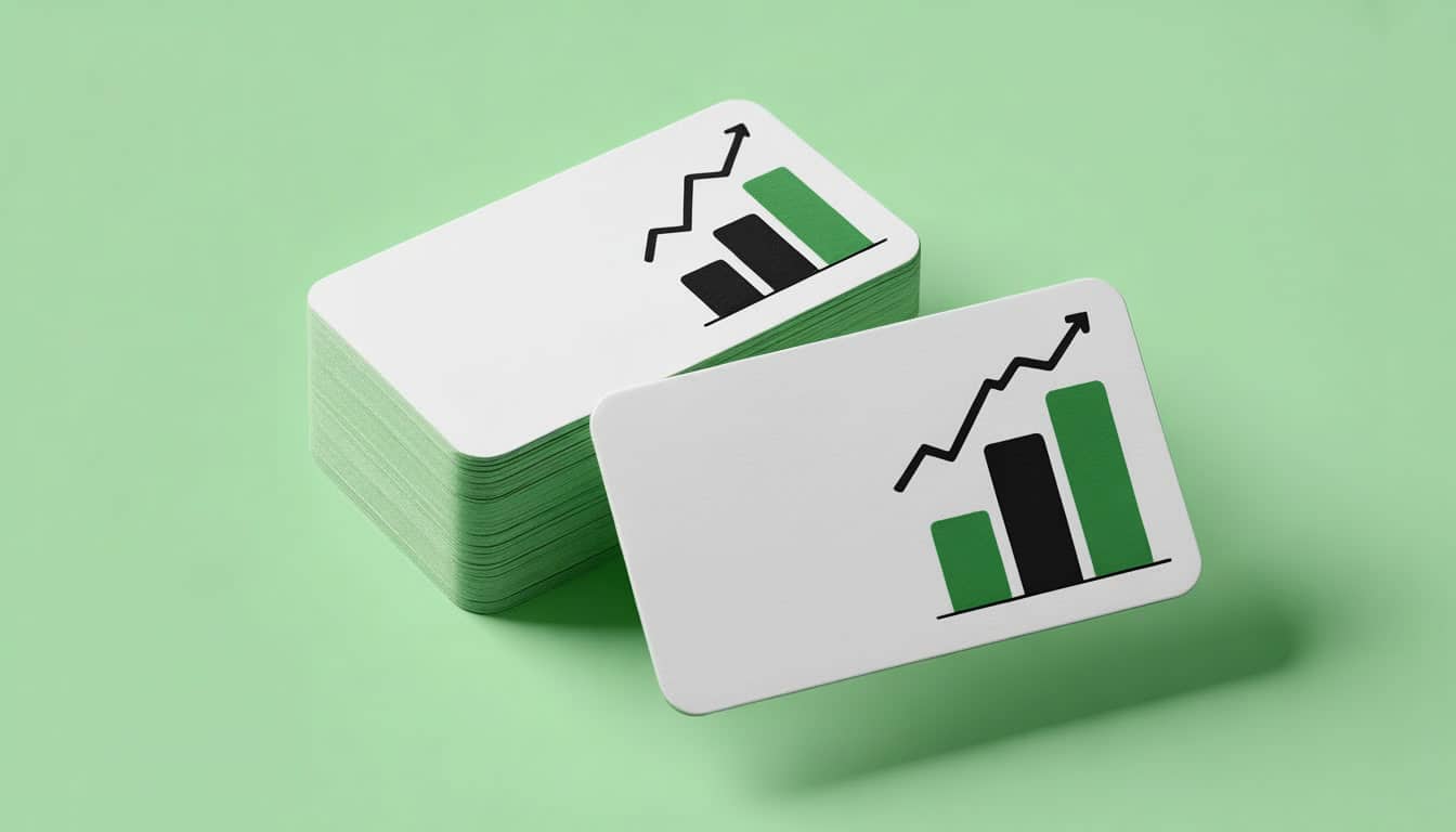 A stack of white business cards on a green surface, each featuring a simple bar chart with three black and green bars and an upward-pointing arrow, symbolising growth or financial progress on every business card.