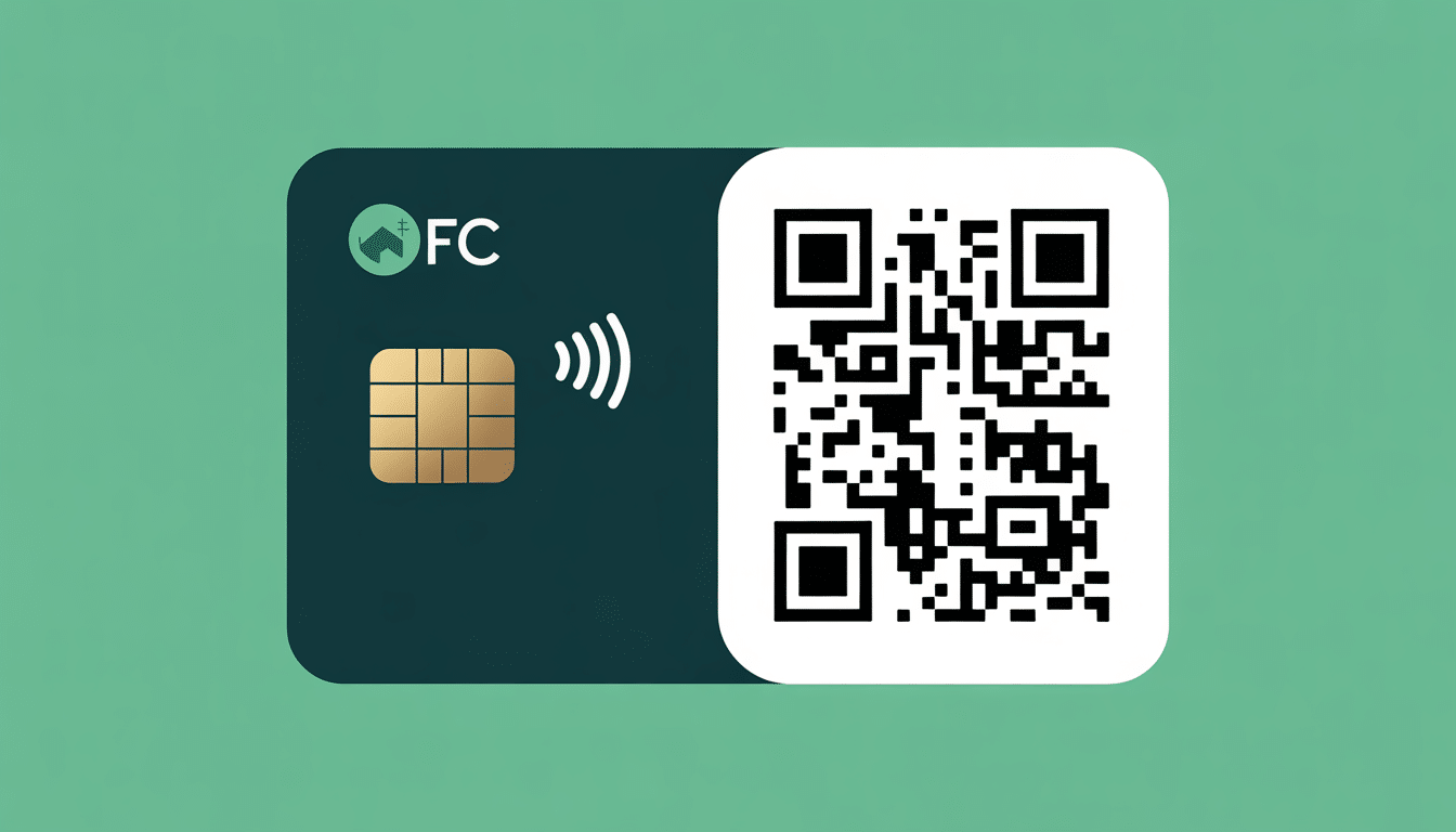 A digital illustration of a business card styled as a payment card with a QR code on the right, gold chip, and contactless symbol on the left. The dark green card shows FC with a horse logo against a light green background.