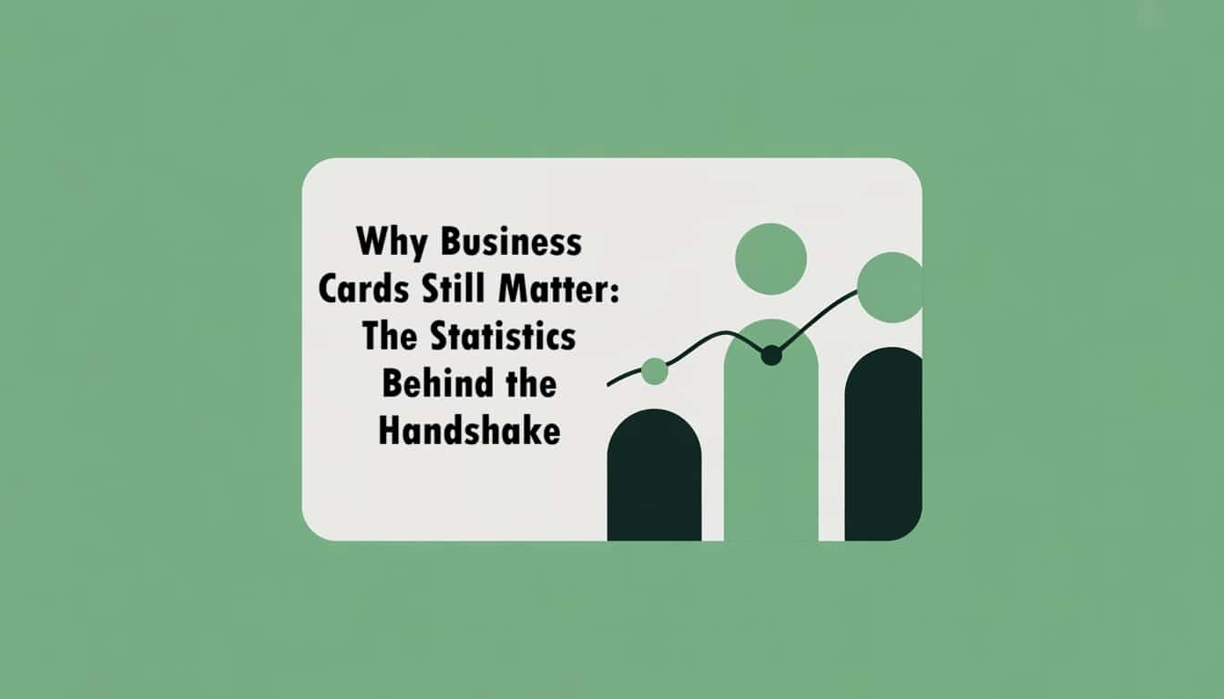 A business card on a green background displays the text: Why Business Cards Still Matter: The Statistics Behind the Handshake, complemented by abstract business card icons and bar and line graph graphics.