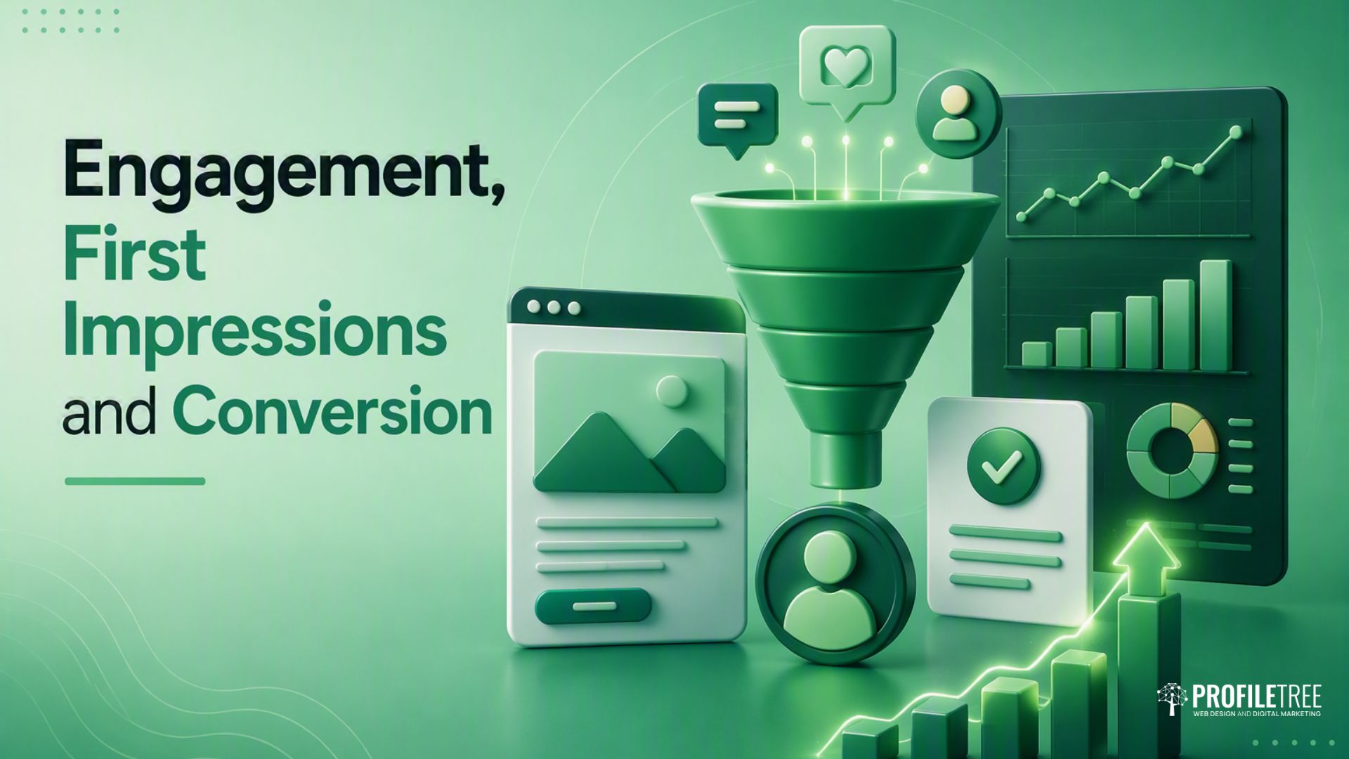 A green-themed graphic with charts, data icons, and a funnel illustrating Engagement, First Impressions, Conversion, and key business website statistics alongside ProfileTree branding.