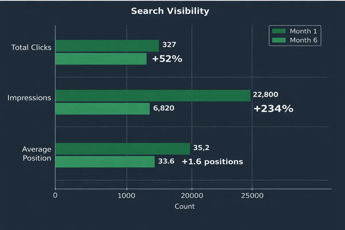 SEO retainer: Bar chart showing SEO retainer month 1 vs month 6: total clicks up 52% (327 vs 215), impressions rose by 234% (22,800 vs 6,820), and average SEO position improved by 1.6 (35.2 vs 33.6).