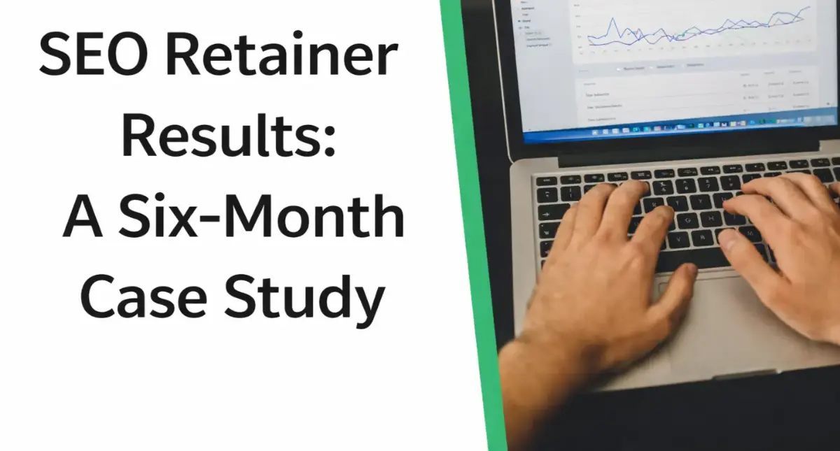 use the attached image as a reference (theme, colours, style) to create a landscape featured image for an article about: SEO Retainer: Hands typing on a laptop with analytic graphs on the screen, alongside text that reads, SEO Retainer Results: A Six-Month SEO Case Study.
