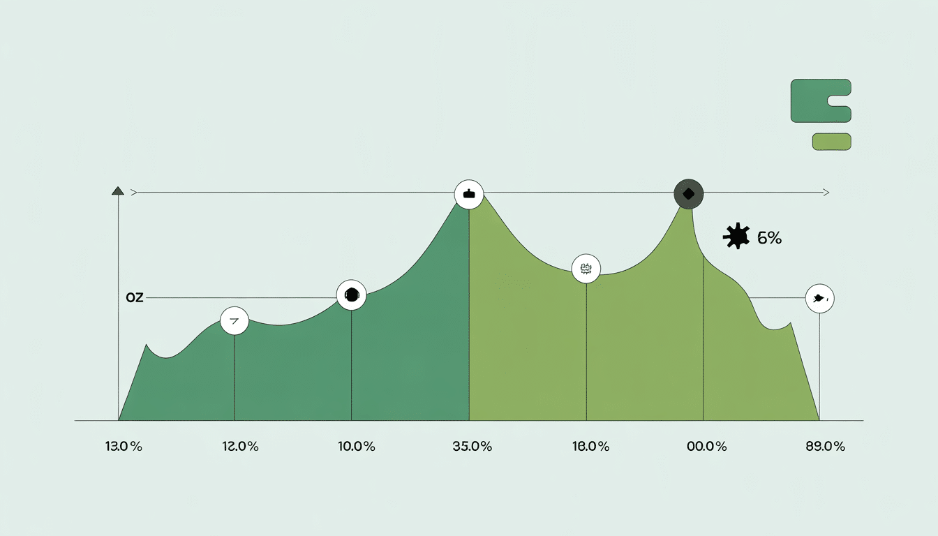 A stylised area chart with five peaks and valleys, labelled with percentages: 13.0%, 12.0%, 10.0%, 35.0%, 18.0%, 0.0%, and 89.0%. Ideal for visualising complete business statistics, a black gear icon marks a 6% value at the second highest peak.