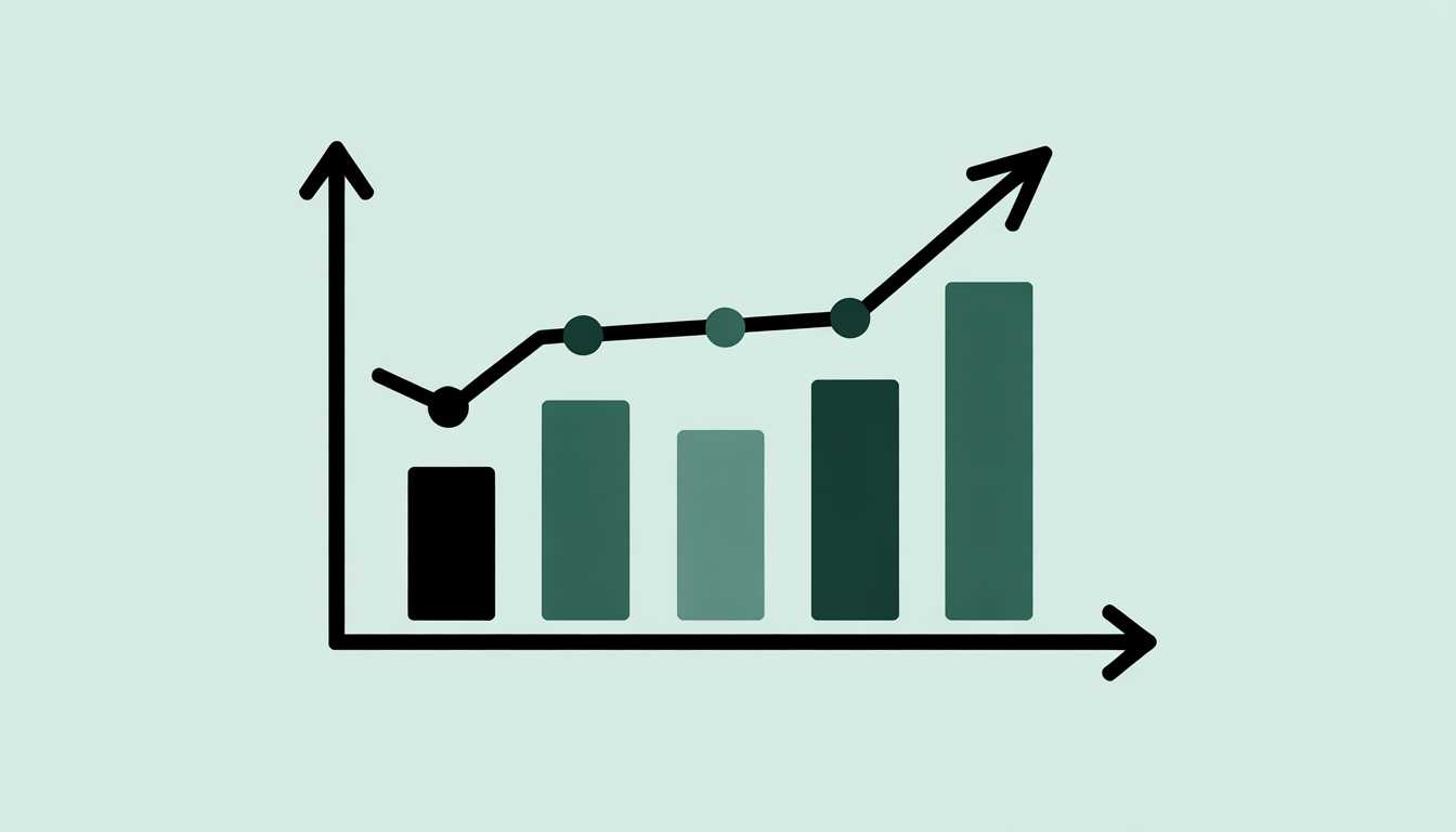 A simple bar chart with five ascending bars and a line graph above them, both showing an upward trend on a light background—ideal for visualising complete business statistics.