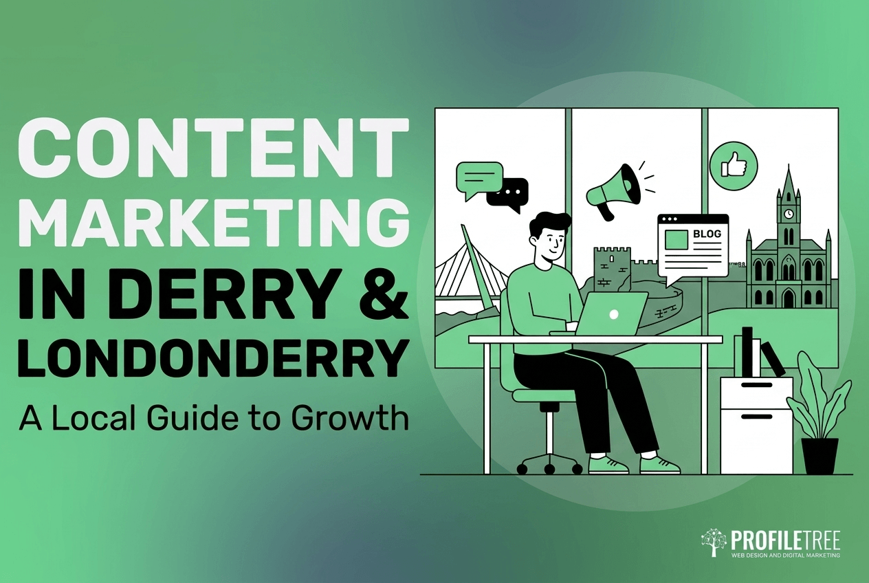 An illustration of a person working on a laptop with digital marketing icons and local landmarks, highlighting content marketing Derry.