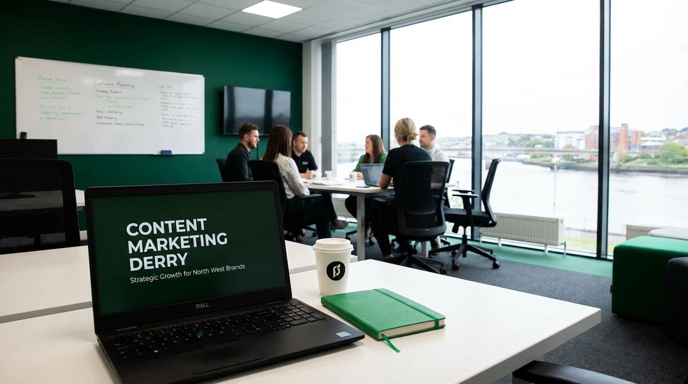 A laptop on a desk displays “Content Marketing Derry” as a group discusses content marketing strategies around a table in a modern office with river views. A coffee cup and notebook rest on the desk.