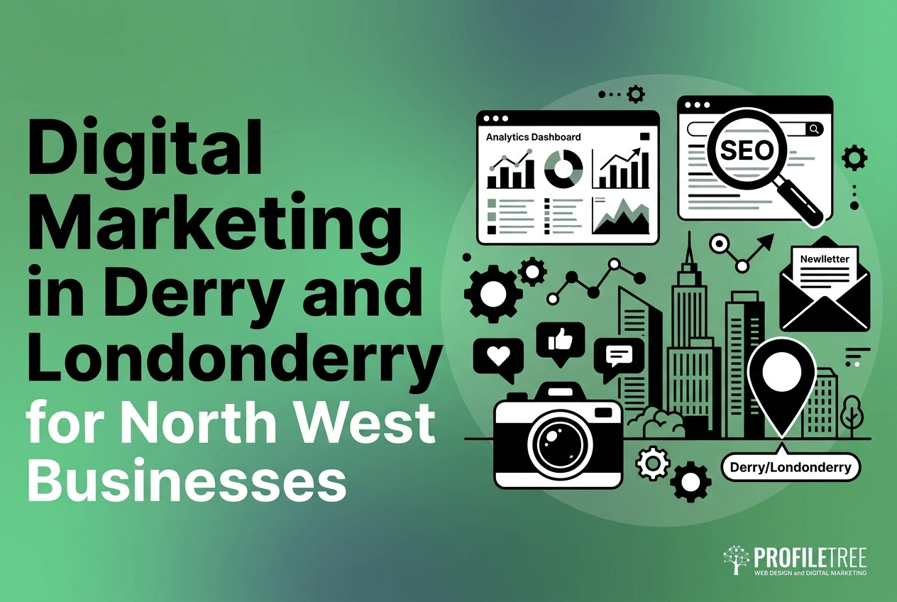 Digital Marketing Derry and Londonderry for North West businesses, featuring icons for SEO, analytics, a newsletter, and a location pin set against a city skyline.